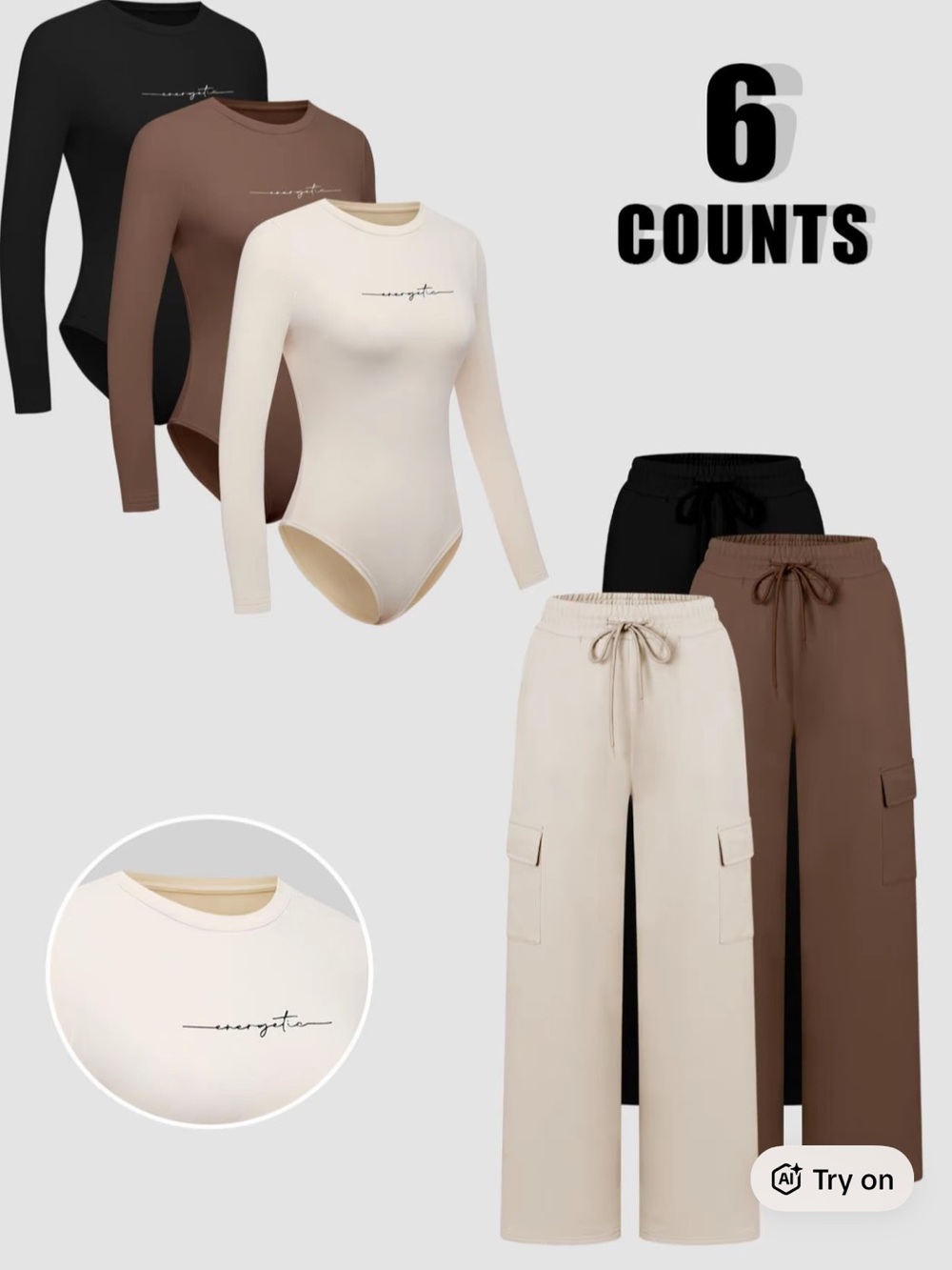 3-Piece Long Sleeve Bodysuit & Cargo Pants Set - Black, Brown, Cream